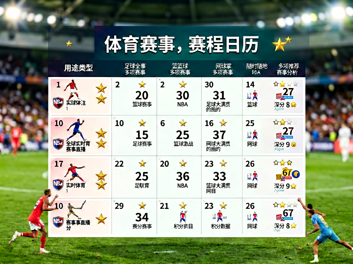 体育赛事赛程日历，覆盖全球足球篮球网球多项赛事